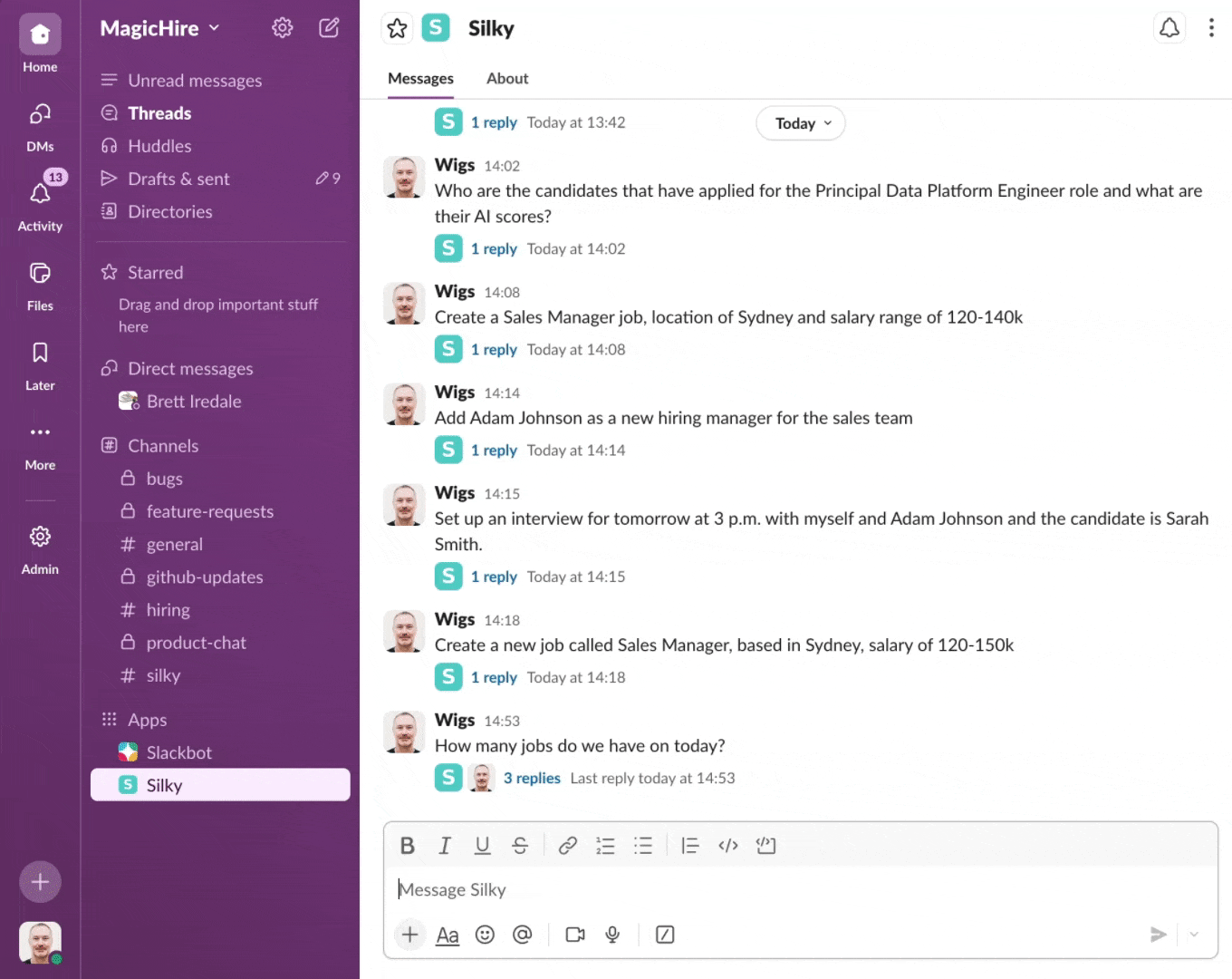 Silky running inside Slack - creating jobs, reviewing candidates, and scheduling interviews